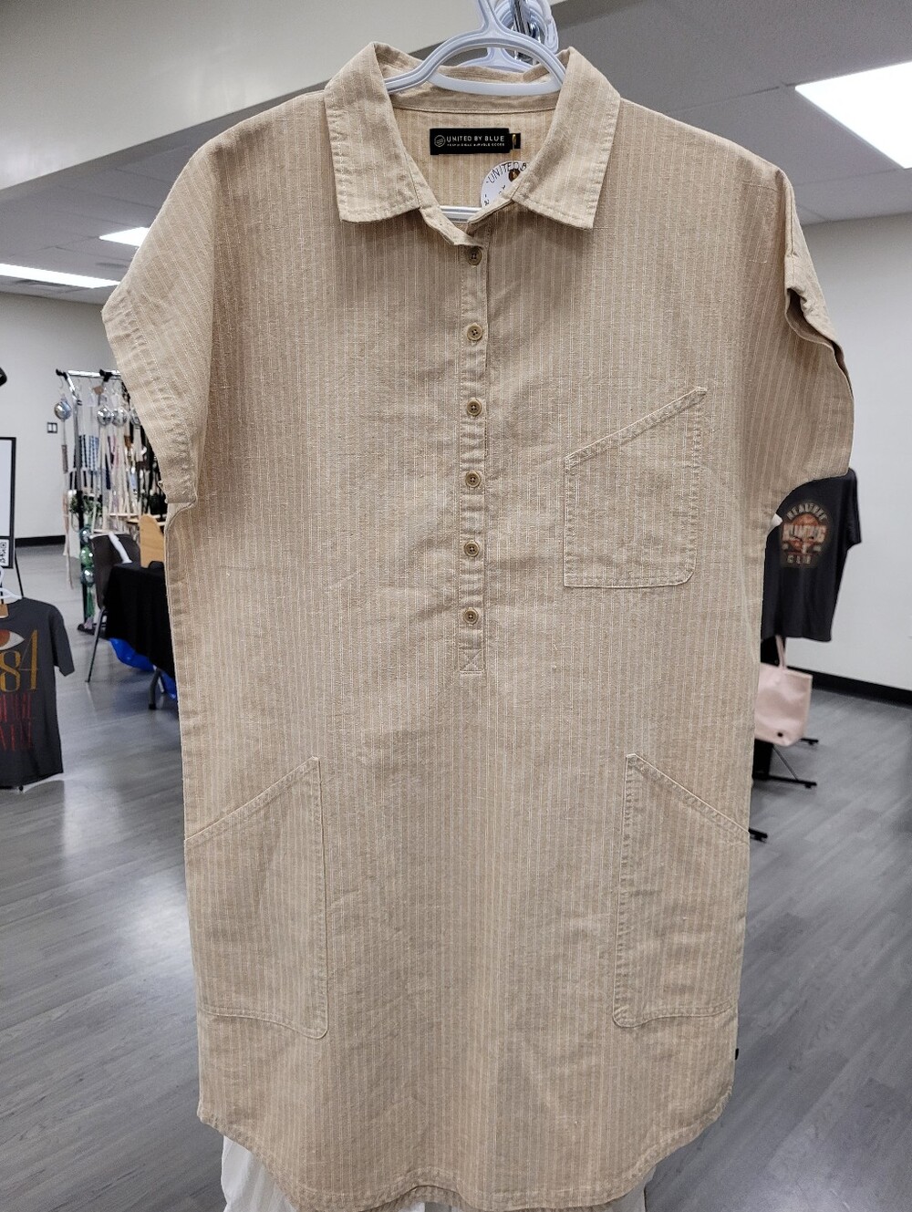 UNITED BY BLUE Tan/Gravel Striped Organic Hemp/Cotton Pullover Shirt Dress